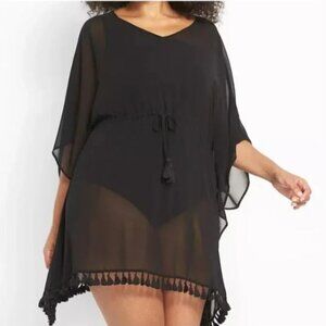 NWT SWIM by CACIQUE Women's Sheer Black Tasseled Swim Cover-Up Dress Size 14/16